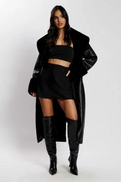 LCH Rebekah Pu Trench Coat With Fur Trim - Black Coats & Jackets