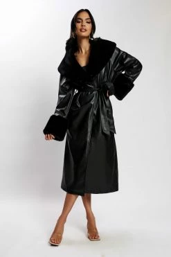 LCH Rebekah Pu Trench Coat With Fur Trim - Black Coats & Jackets