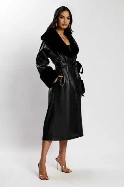 LCH Rebekah Pu Trench Coat With Fur Trim - Black Coats & Jackets
