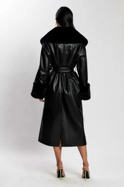 LCH Rebekah Pu Trench Coat With Fur Trim - Black Coats & Jackets
