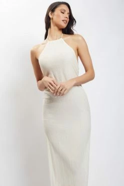 HSH DRESSES Demi Crinkle Satin Low Back Maxi Dress - Ivory