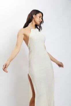 HSH DRESSES Demi Crinkle Satin Low Back Maxi Dress - Ivory