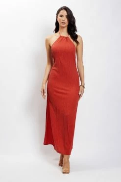HSH DRESSES Demi Crinkle Satin Low Back Maxi Dress - Burnt Orange