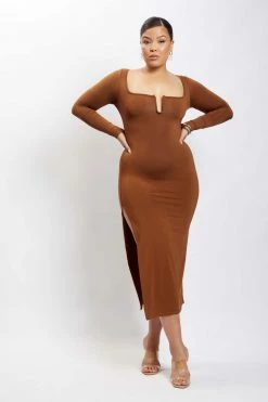 ROM DRESSES Mya Long Sleeve Midi Dress - Chocolate