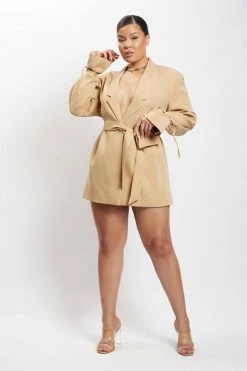 WNG DRESSES Rose Belted Blazer Dress With Bag - Camel