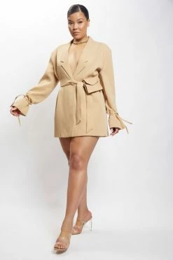 WNG DRESSES Rose Belted Blazer Dress With Bag - Camel