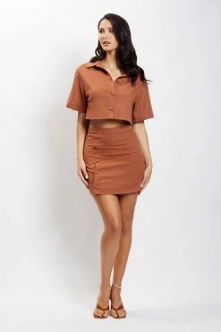 QNG Maja Button Up Linen Mini Skirt - Brown 14 QNG Maja Button Up Linen Mini Skirt - Brown