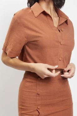 QNG All Tops Maja Button Up Cropped Linen Shirt - Brown