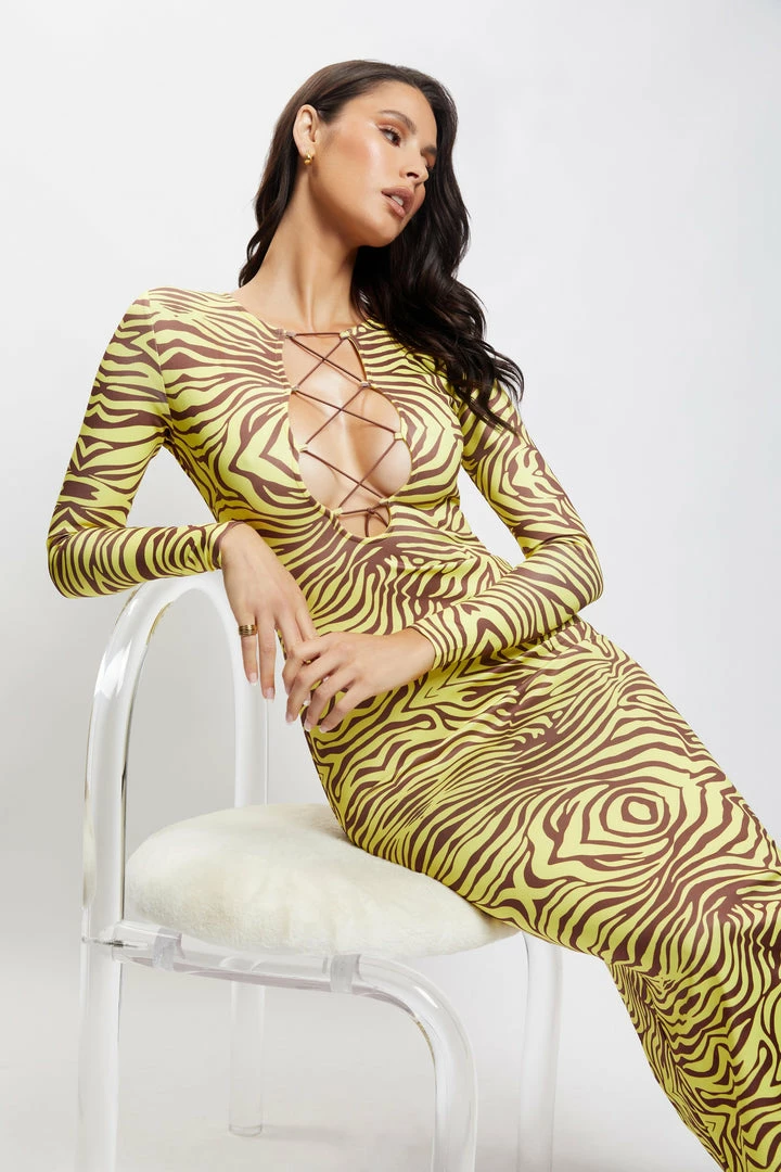 ROM DRESSES Imogen Lace Up Long Sleeve Midi Dress - Zebra Print 2 ROM DRESSES Imogen Lace Up Long Sleeve Midi Dress - Zebra Print