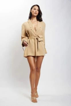 WNG DRESSES Rose Belted Blazer Dress With Bag - Camel