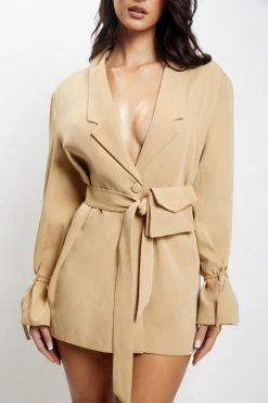 WNG DRESSES Rose Belted Blazer Dress With Bag - Camel