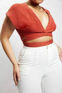 HSH Rosa Crinkle Satin Crop Top - Burnt Orange All Tops