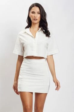 QNG All Tops Maja Button Up Cropped Linen Shirt - White