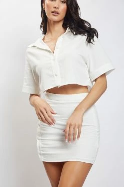 QNG All Tops Maja Button Up Cropped Linen Shirt - White 11 QNG All Tops Maja Button Up Cropped Linen Shirt - White