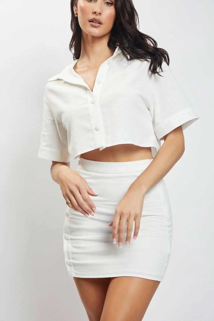 QNG All Tops Maja Button Up Cropped Linen Shirt - White 3 QNG All Tops Maja Button Up Cropped Linen Shirt - White