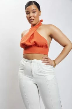 HSH All Tops Piper Halter Neck Linen Crop Top - Terracotta