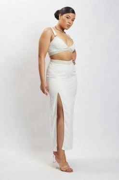 WNT Zinnia Contrast Binding Linen Midi Skirt - White 16 WNT Zinnia Contrast Binding Linen Midi Skirt - White