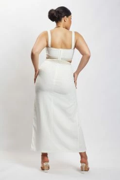 WNT Zinnia Contrast Binding Linen Midi Skirt - White 17 WNT Zinnia Contrast Binding Linen Midi Skirt - White