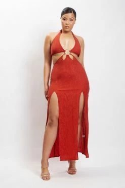 HSH Marilyn Crinkle Satin Cut Out Maxi Dress - Burnt Orange DRESSES 22 HSH Marilyn Crinkle Satin Cut Out Maxi Dress - Burnt Orange DRESSES