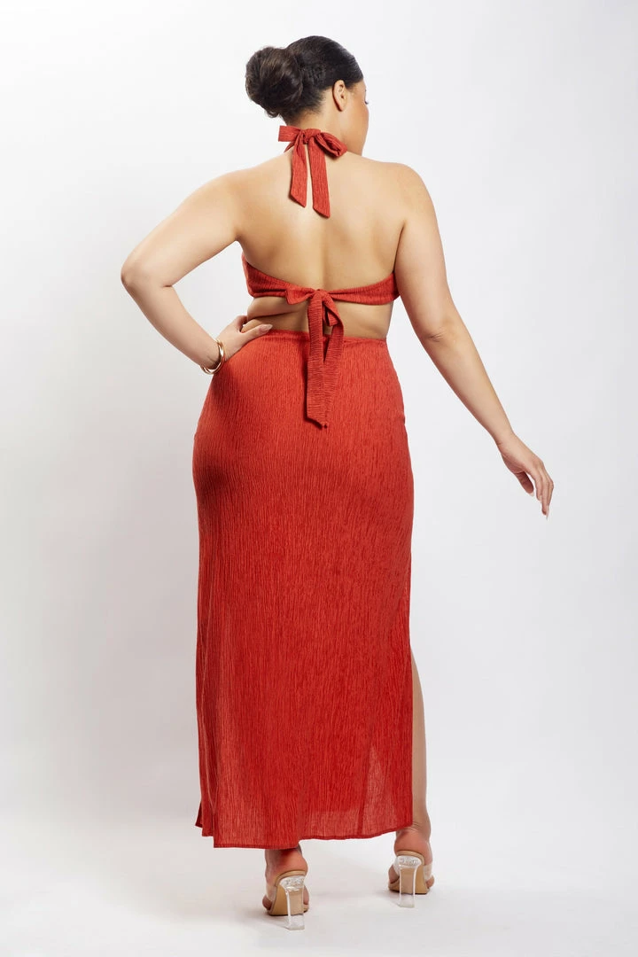 HSH Marilyn Crinkle Satin Cut Out Maxi Dress - Burnt Orange DRESSES 12 HSH Marilyn Crinkle Satin Cut Out Maxi Dress - Burnt Orange DRESSES