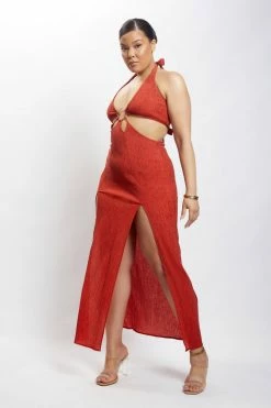 HSH Marilyn Crinkle Satin Cut Out Maxi Dress - Burnt Orange DRESSES 21 HSH Marilyn Crinkle Satin Cut Out Maxi Dress - Burnt Orange DRESSES