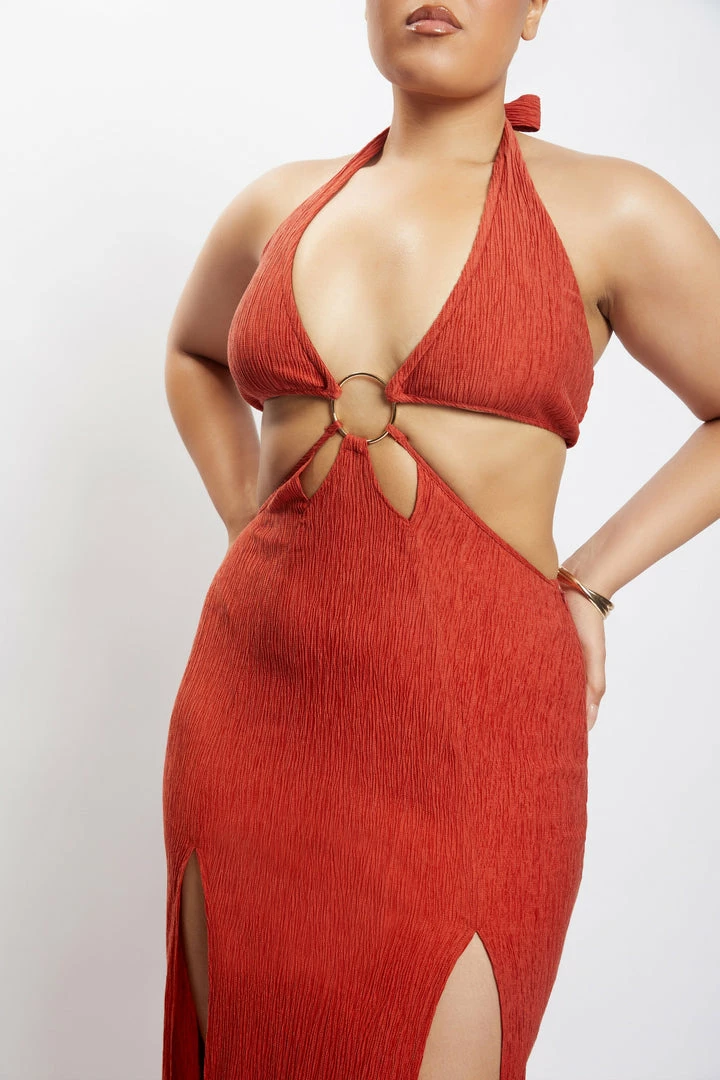 HSH Marilyn Crinkle Satin Cut Out Maxi Dress - Burnt Orange DRESSES 9 HSH Marilyn Crinkle Satin Cut Out Maxi Dress - Burnt Orange DRESSES