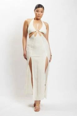 HSH DRESSES Marilyn Crinkle Satin Cut Out Maxi Dress - Ivory