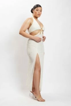 HSH DRESSES Marilyn Crinkle Satin Cut Out Maxi Dress - Ivory