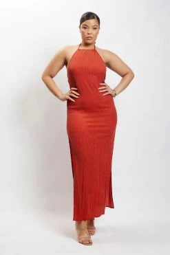 HSH DRESSES Demi Crinkle Satin Low Back Maxi Dress - Burnt Orange
