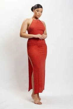 HSH DRESSES Demi Crinkle Satin Low Back Maxi Dress - Burnt Orange