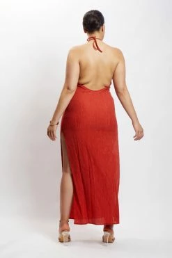 HSH DRESSES Demi Crinkle Satin Low Back Maxi Dress - Burnt Orange