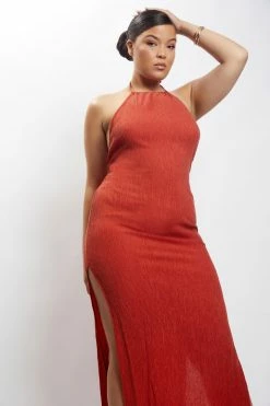 HSH DRESSES Demi Crinkle Satin Low Back Maxi Dress - Burnt Orange