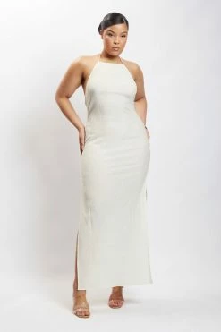 HSH DRESSES Demi Crinkle Satin Low Back Maxi Dress - Ivory