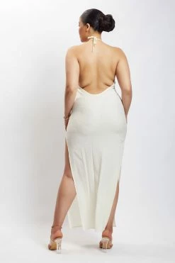HSH DRESSES Demi Crinkle Satin Low Back Maxi Dress - Ivory