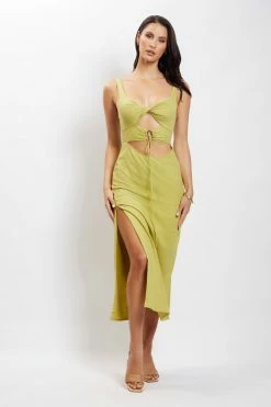QNG Serena Cut Out O Ring Linen Midi Dress - Apple DRESSES