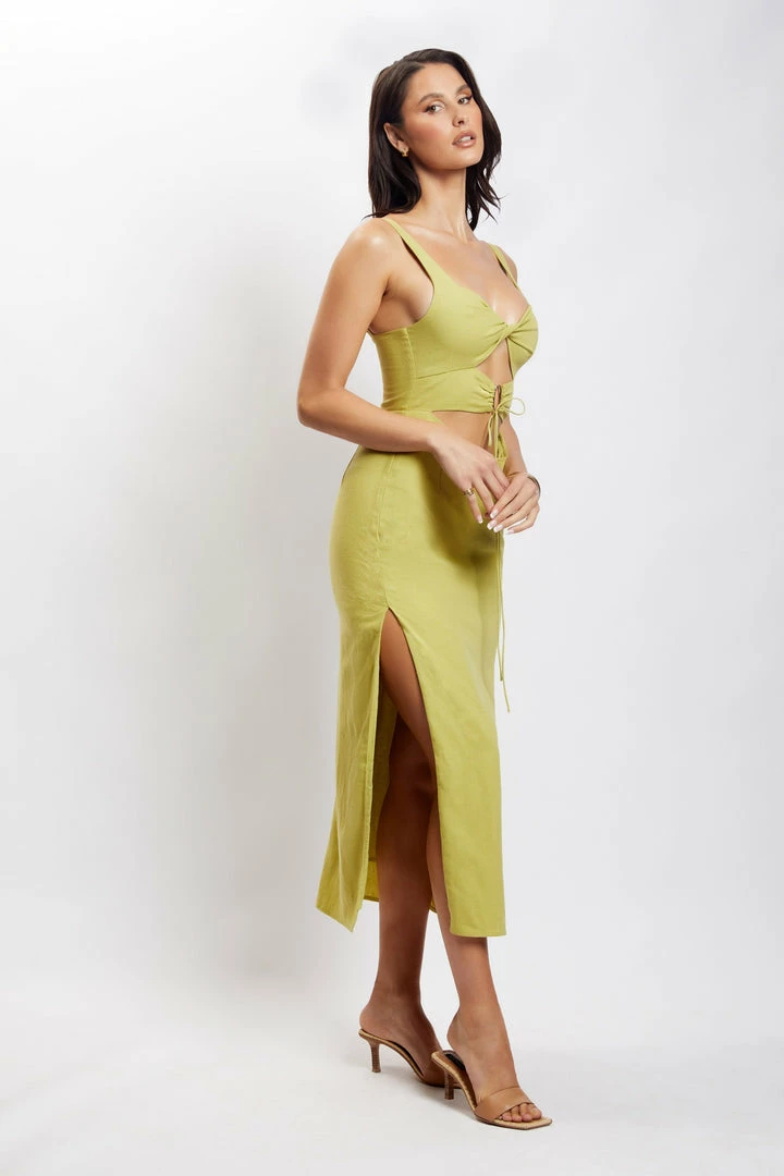 QNG Serena Cut Out O Ring Linen Midi Dress - Apple DRESSES 5 QNG Serena Cut Out O Ring Linen Midi Dress - Apple DRESSES