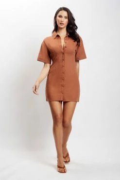 QNG Palma Cinched Waist Linen Mini Dress - Brown