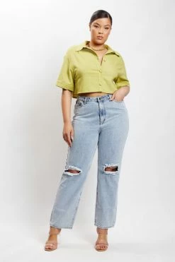 QNG Maja Button Up Cropped Linen Shirt - Apple 13 QNG Maja Button Up Cropped Linen Shirt - Apple