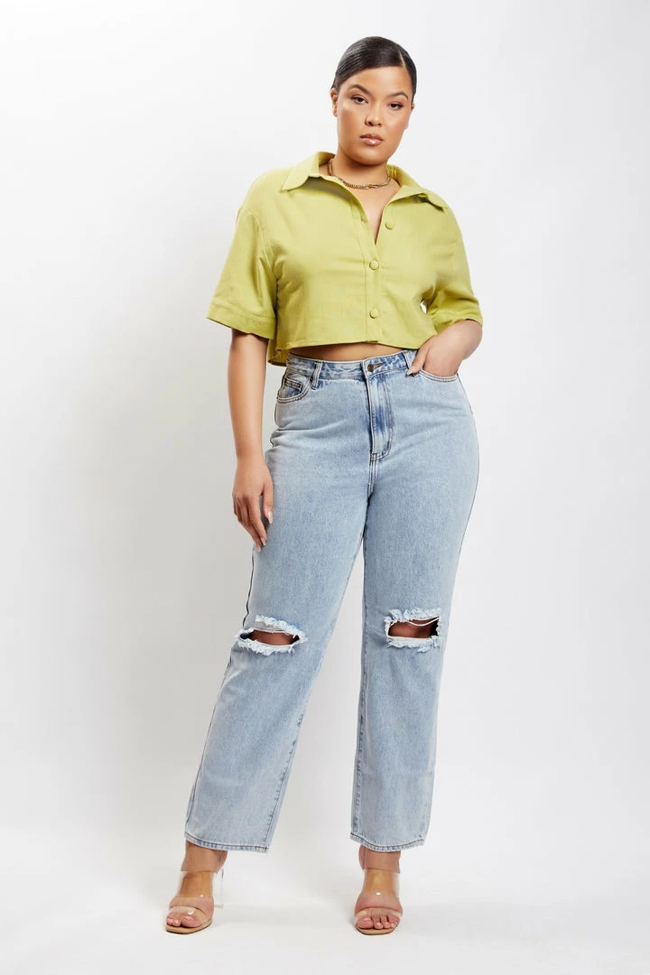 QNG Maja Button Up Cropped Linen Shirt - Apple 3 QNG Maja Button Up Cropped Linen Shirt - Apple