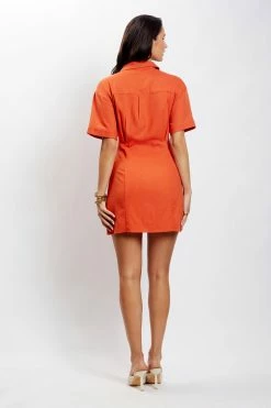 QNG Palma Cinched Waist Linen Mini Dress - Terracotta