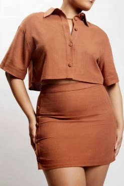 QNG All Tops Maja Button Up Cropped Linen Shirt - Brown