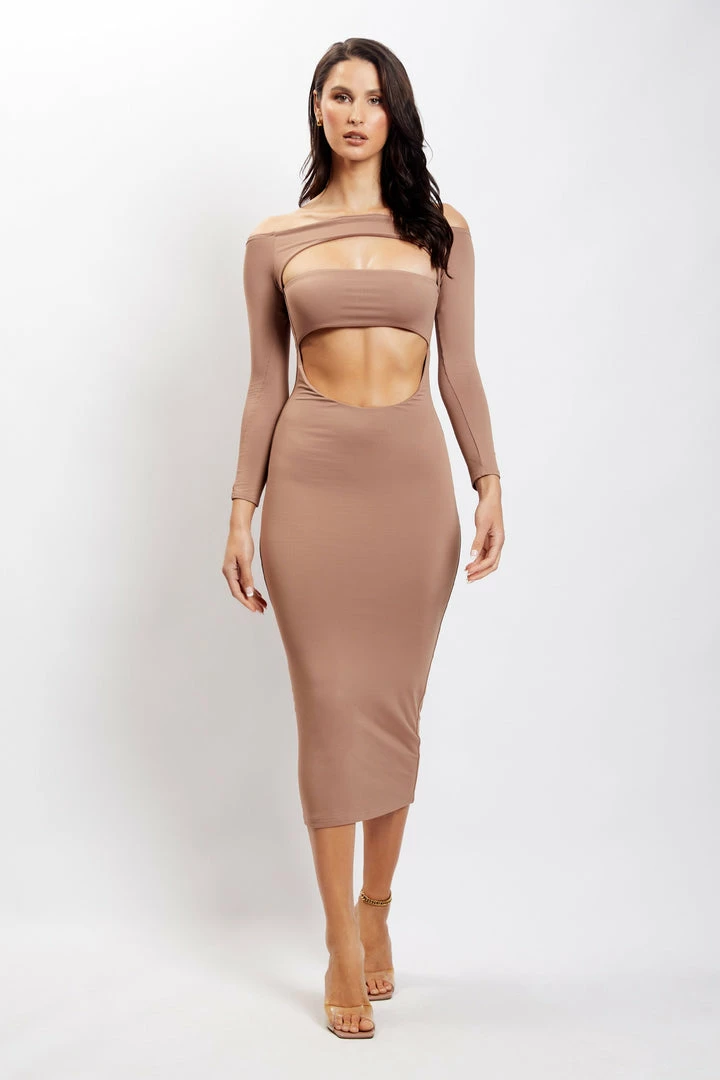 WXI DRESSES Breanna Cut Out Midi Dress - Light Brown 1 WXI DRESSES Breanna Cut Out Midi Dress - Light Brown