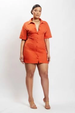 QNG Palma Cinched Waist Linen Mini Dress - Terracotta