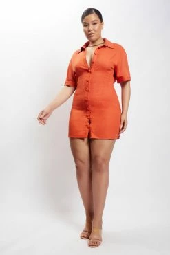 QNG Palma Cinched Waist Linen Mini Dress - Terracotta