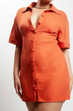 QNG Palma Cinched Waist Linen Mini Dress - Terracotta