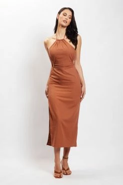 QNG DRESSES Athena Halter Neck Cut Out Linen Midi Dress - Brown 12 QNG DRESSES Athena Halter Neck Cut Out Linen Midi Dress - Brown