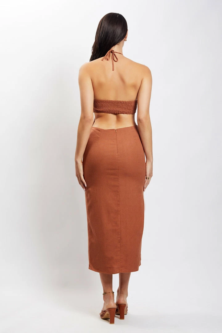 QNG DRESSES Athena Halter Neck Cut Out Linen Midi Dress - Brown 2 QNG DRESSES Athena Halter Neck Cut Out Linen Midi Dress - Brown