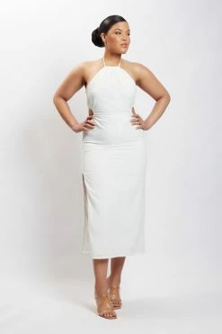 QNG DRESSES Athena Halter Neck Cut Out Linen Midi Dress - White