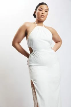 QNG DRESSES Athena Halter Neck Cut Out Linen Midi Dress - White