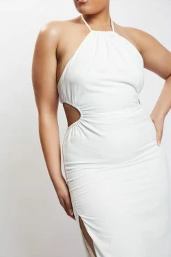 QNG DRESSES Athena Halter Neck Cut Out Linen Midi Dress - White